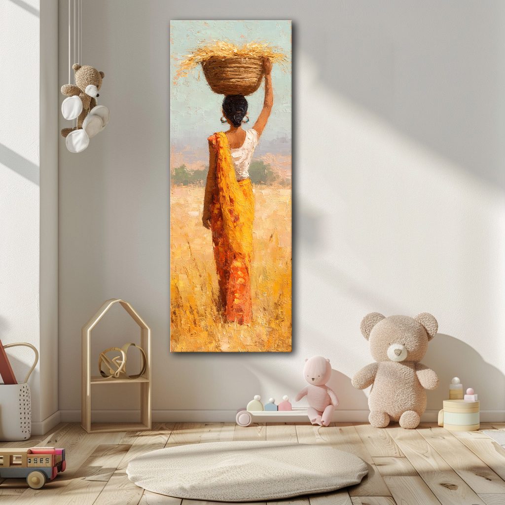African Woman with Basket in Golden Field canvas wall art, unframed canvas