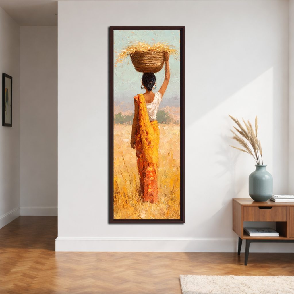 African Woman with Basket in Golden Field canvas wall art, walnut floating frame