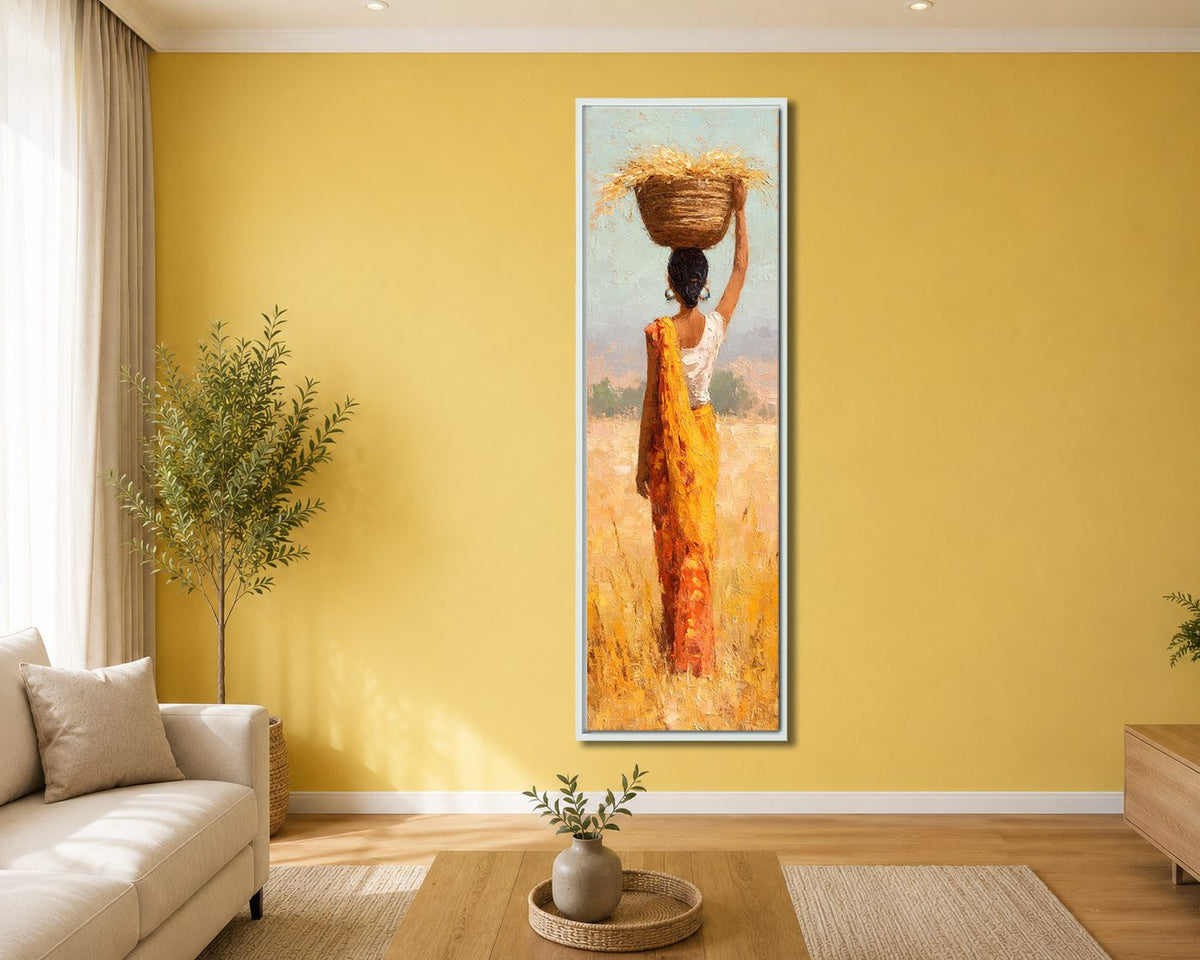 African Woman with Basket in Golden Field canvas wall art, white floating frame