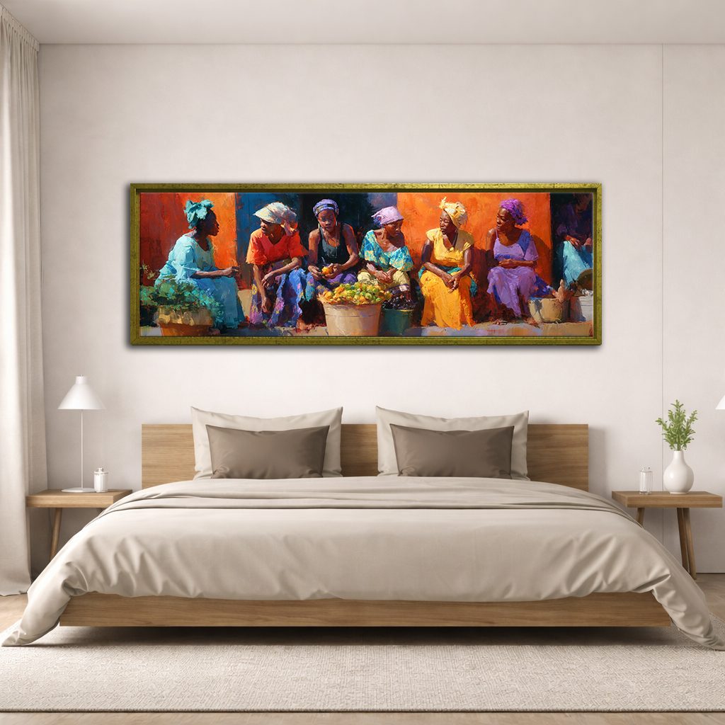 African Women at the Market canvas wall art, antique gold floating frame