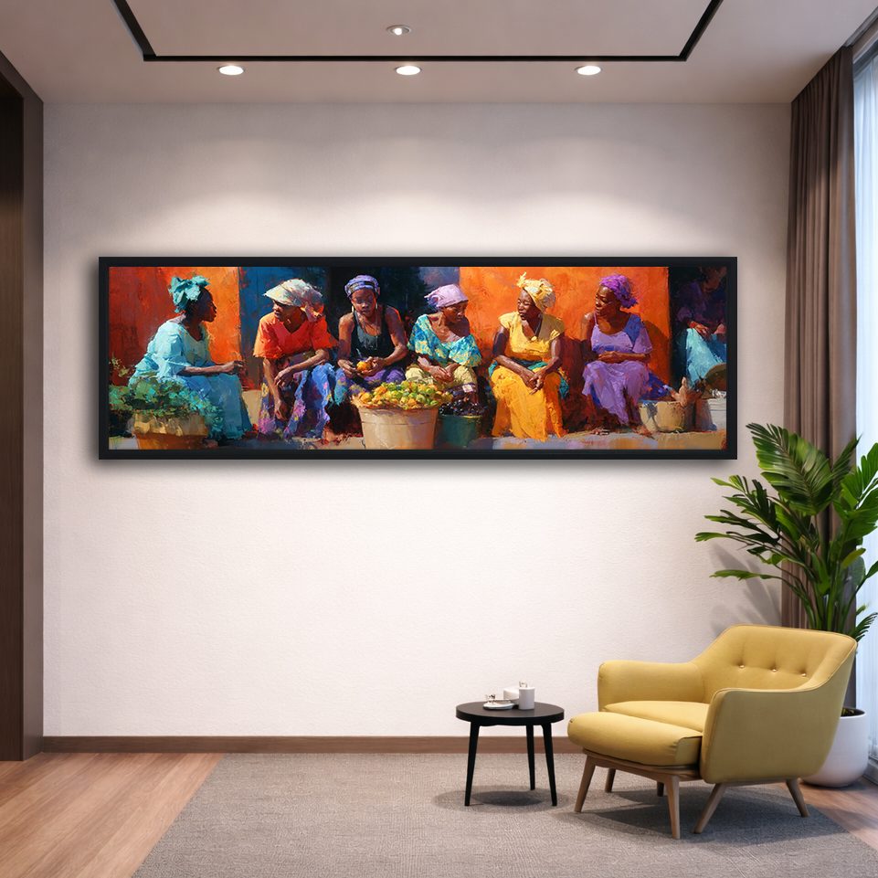 African Women at the Market canvas wall art, black floating frame