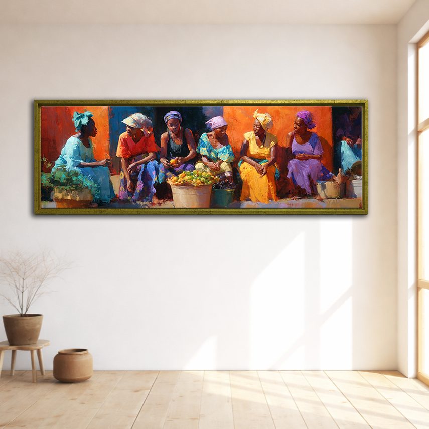 African Women at the Market canvas wall art, gold floating frame
