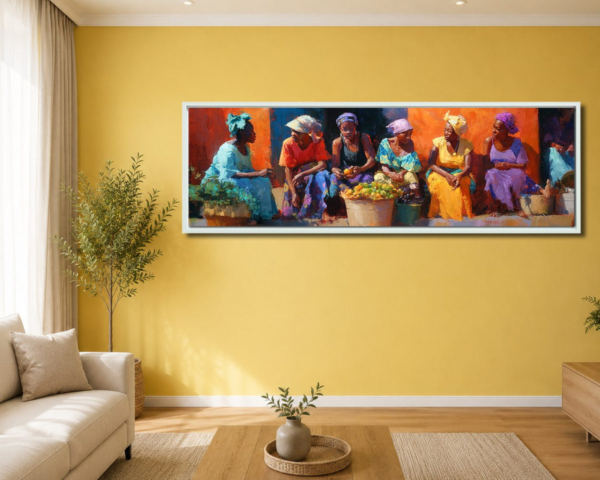 African Women at the Market canvas wall art, white floating frame