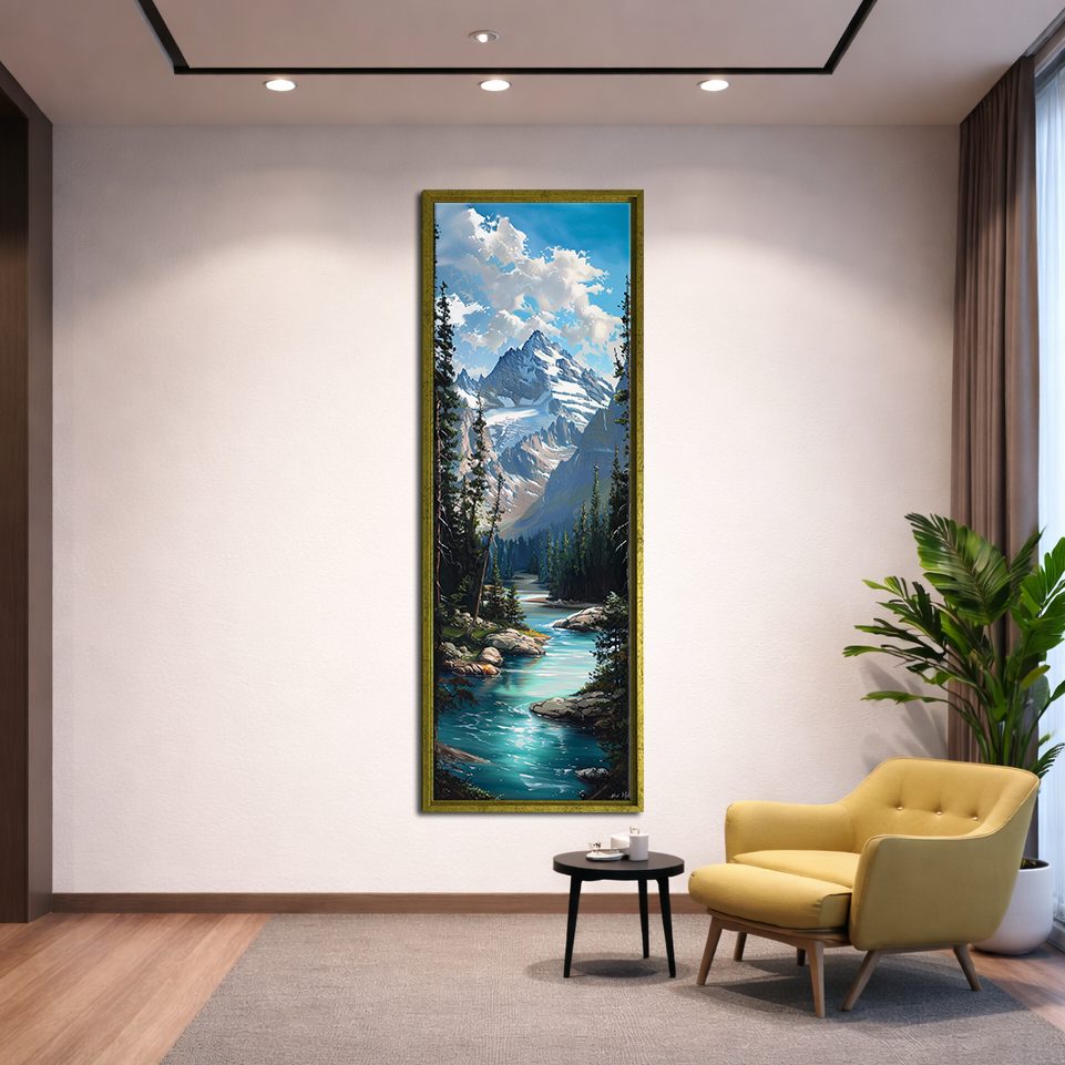 Alpine Mountain Turquoise River canvas wall art, gold floating frame