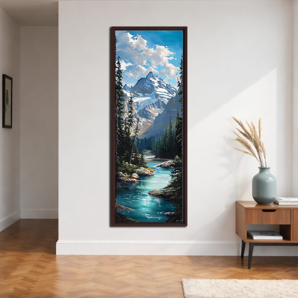 Alpine Mountain Turquoise River canvas wall art, walnut floating frame