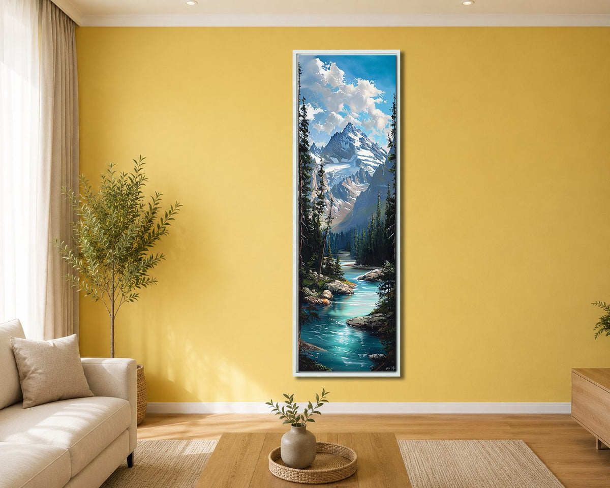 Alpine Mountain Turquoise River canvas wall art, white floating frame
