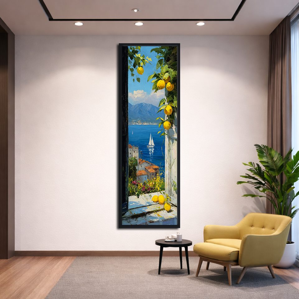 Amalfi Coast Lemon Terrace Sea View canvas wall art, black floating frame