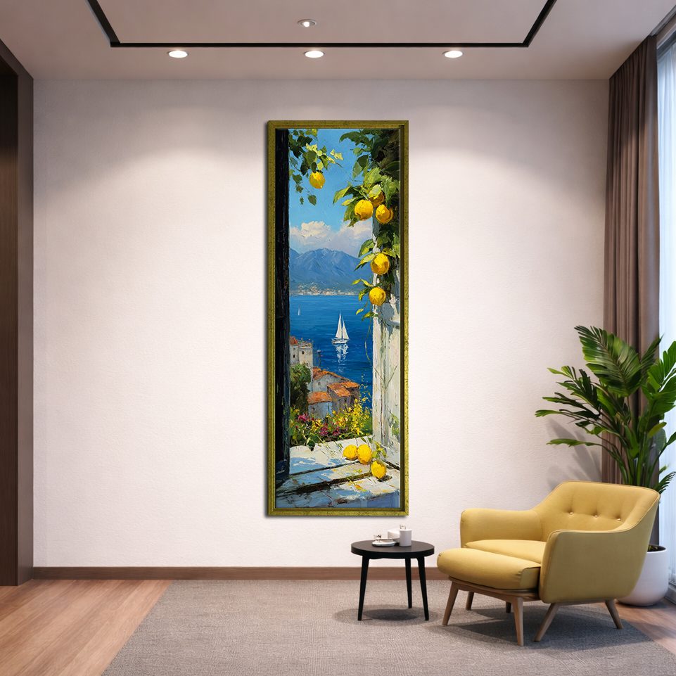 Amalfi Coast Lemon Terrace Sea View canvas wall art, gold floating frame