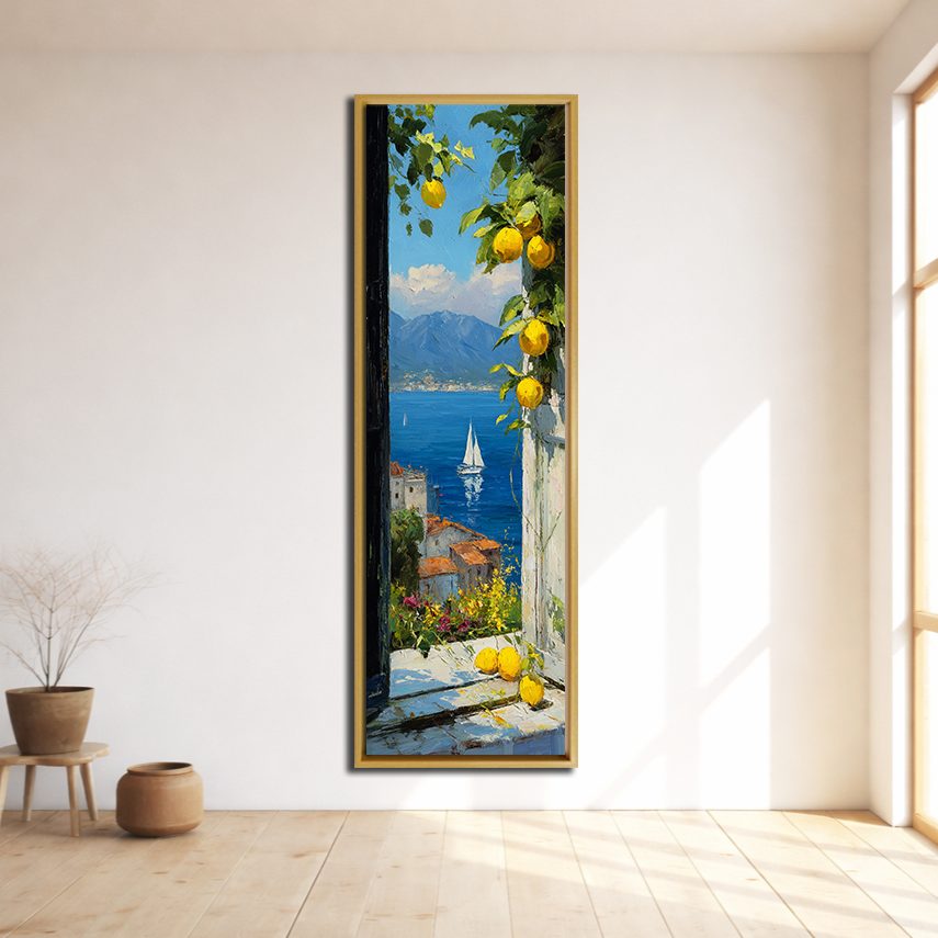 Amalfi Coast Lemon Terrace Sea View canvas wall art, natural wood floating frame