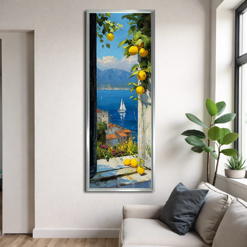 Amalfi Coast Lemon Terrace Sea View canvas wall art, silver floating frame
