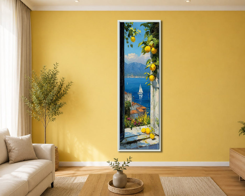 Amalfi Coast Lemon Terrace Sea View canvas wall art, white floating frame