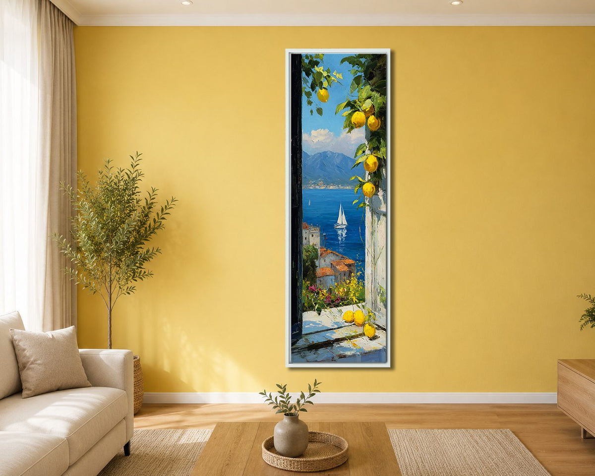 Amalfi Coast Lemon Terrace Sea View canvas wall art, white floating frame