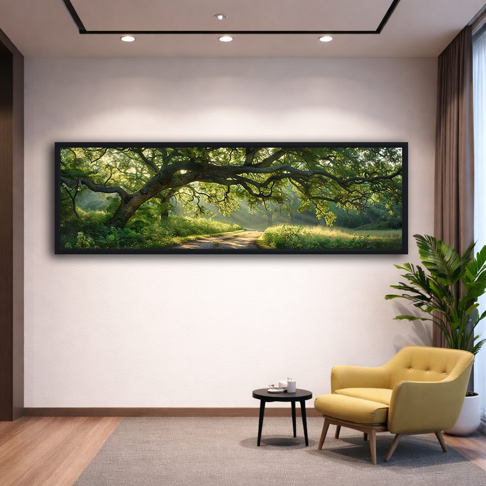 Ancient Oak Tree Country Path canvas wall art, black floating frame