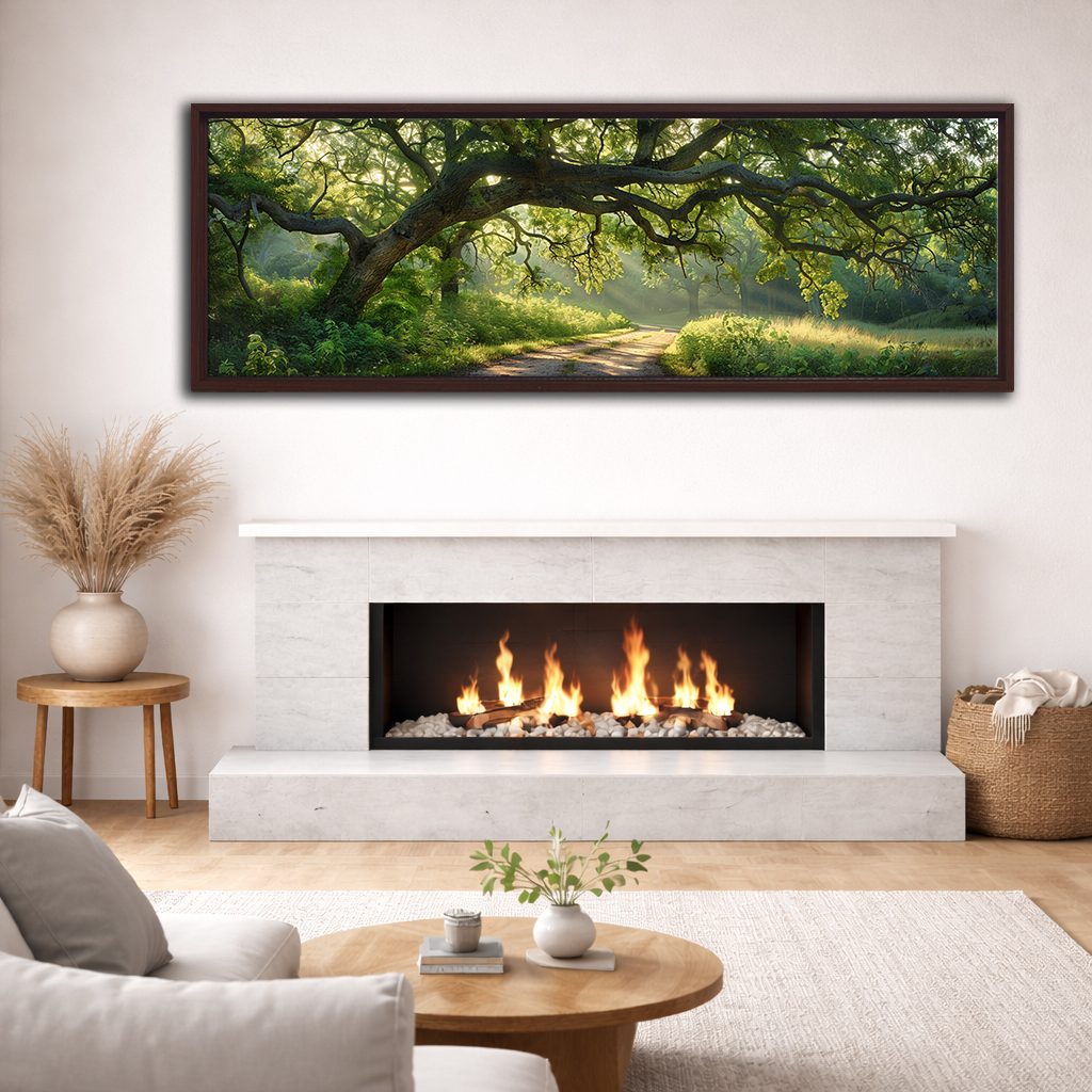 Ancient Oak Tree Country Path canvas wall art, walnut floating frame