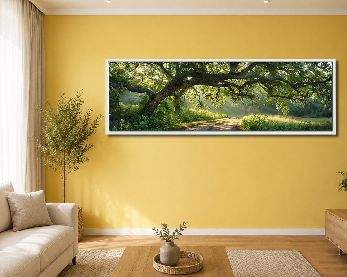 Ancient Oak Tree Country Path canvas wall art, white floating frame