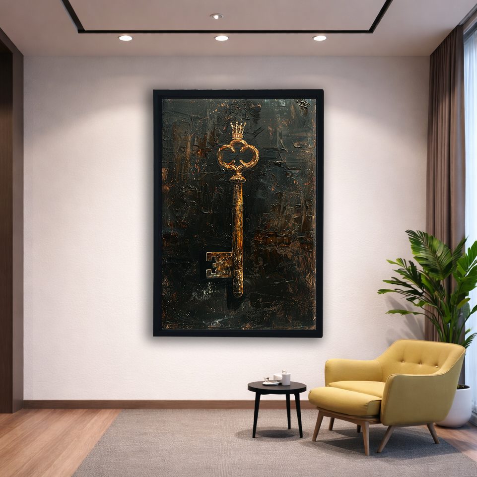Antique Gold Key on Dark Texture canvas wall art, black floating frame