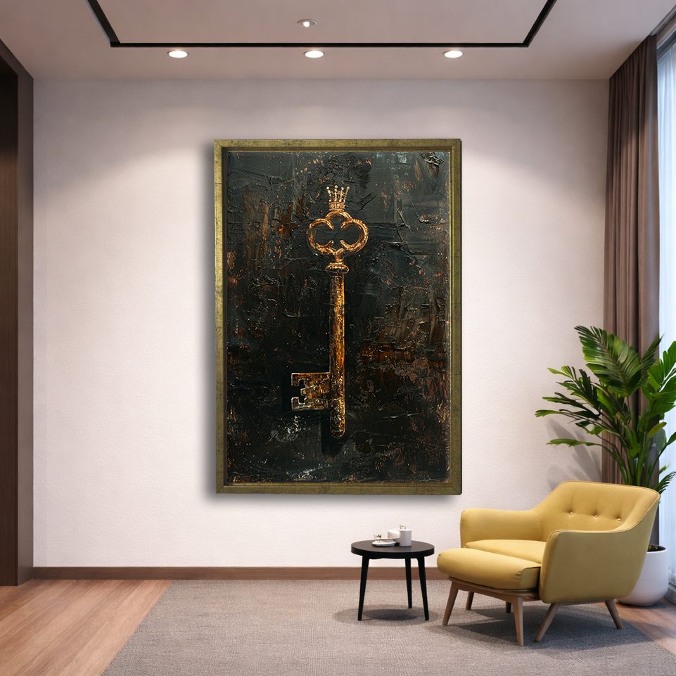 Antique Gold Key on Dark Texture canvas wall art, gold floating frame