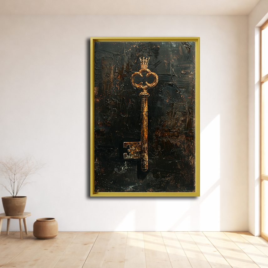 Antique Gold Key on Dark Texture canvas wall art, natural wood floating frame