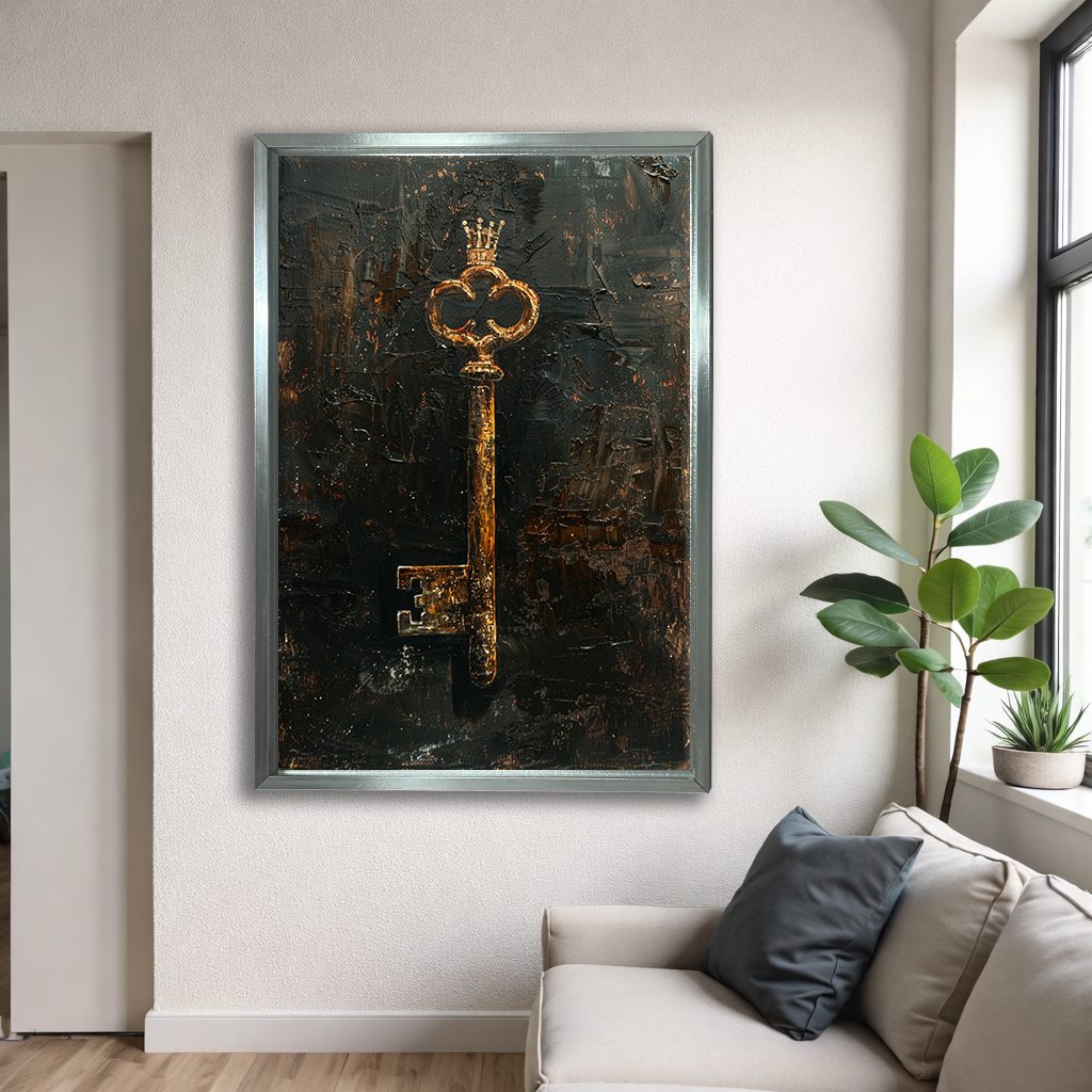 Antique Gold Key on Dark Texture canvas wall art, silver floating frame