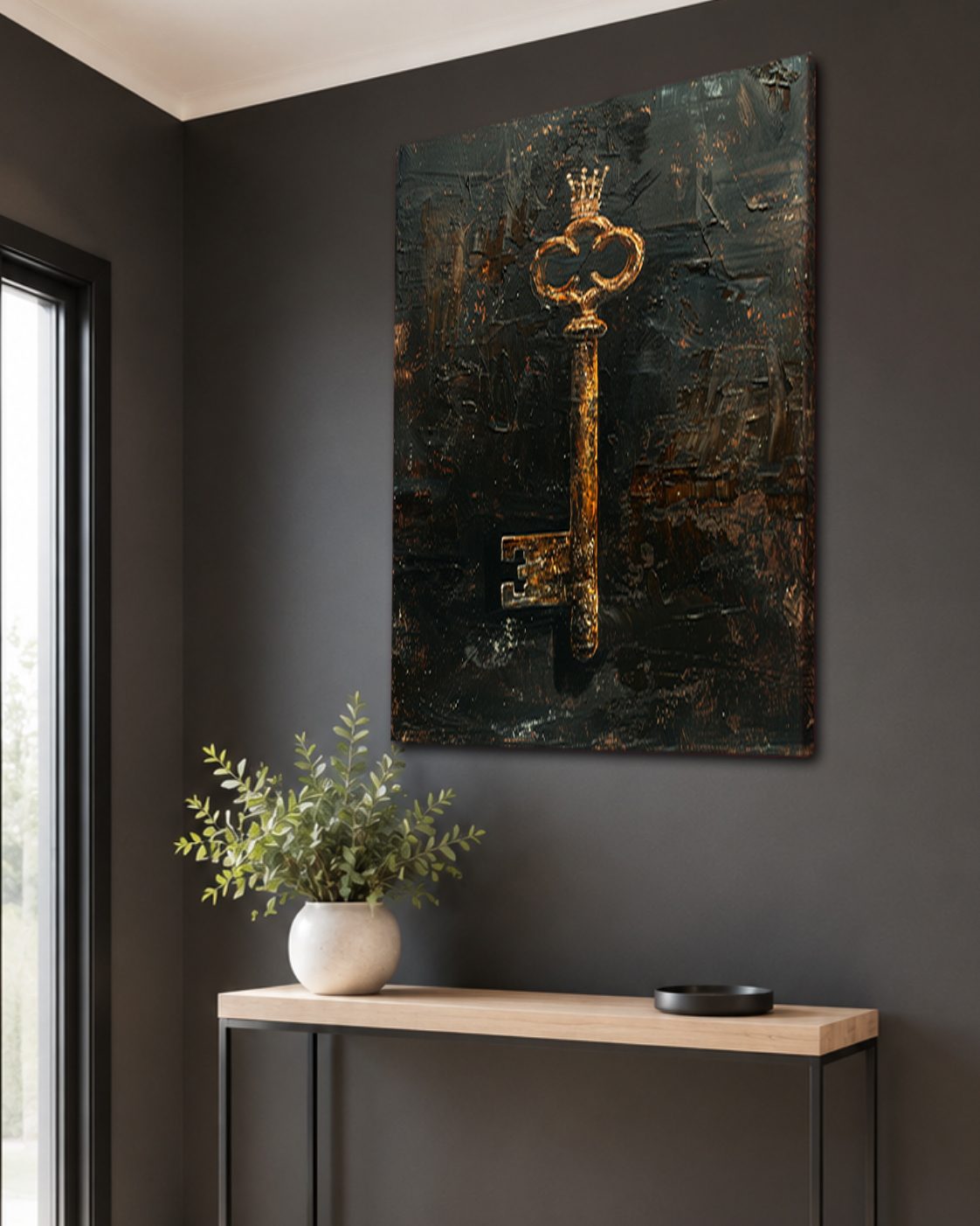 Antique Gold Key on Dark Texture canvas wall art, unframed canvas
