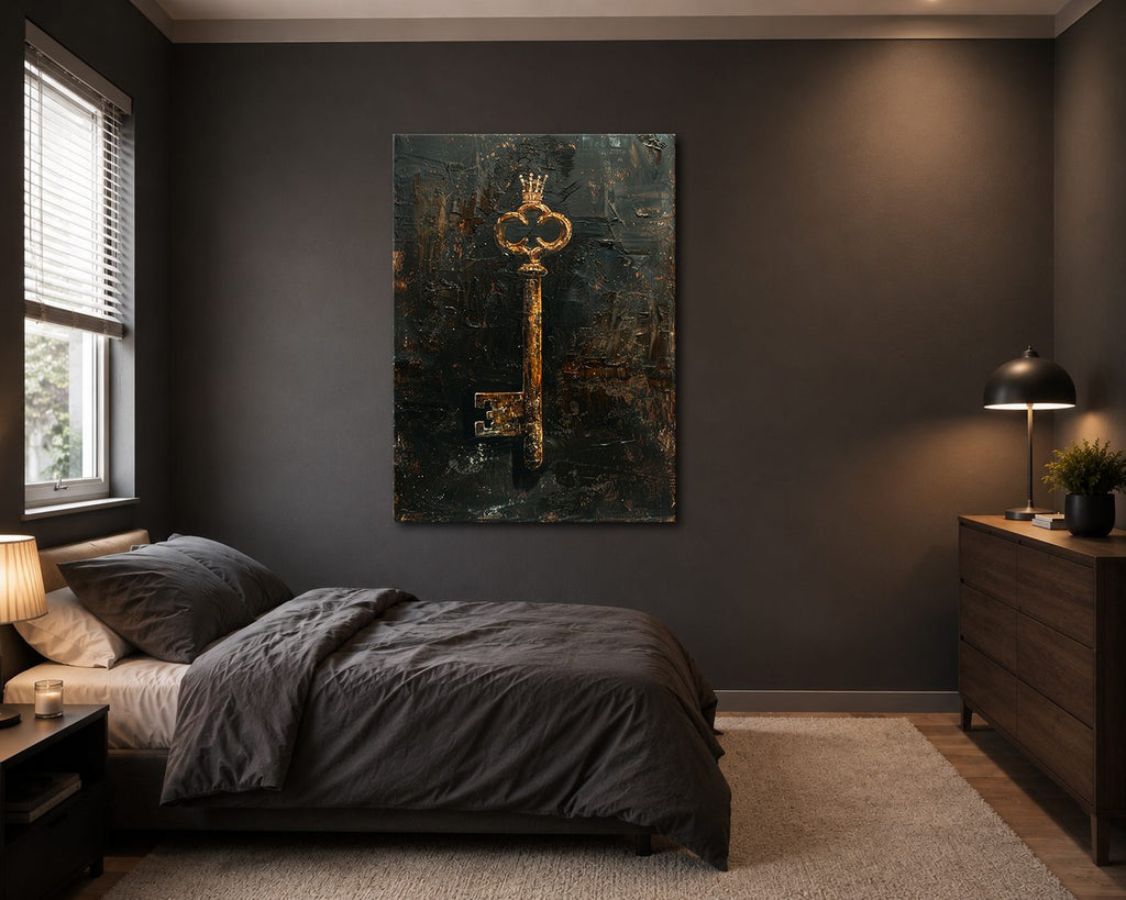 Antique Gold Key on Dark Texture canvas wall art, unframed canvas