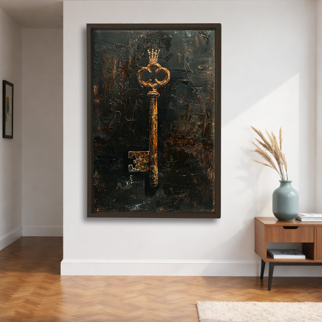 Antique Gold Key on Dark Texture canvas wall art, walnut floating frame