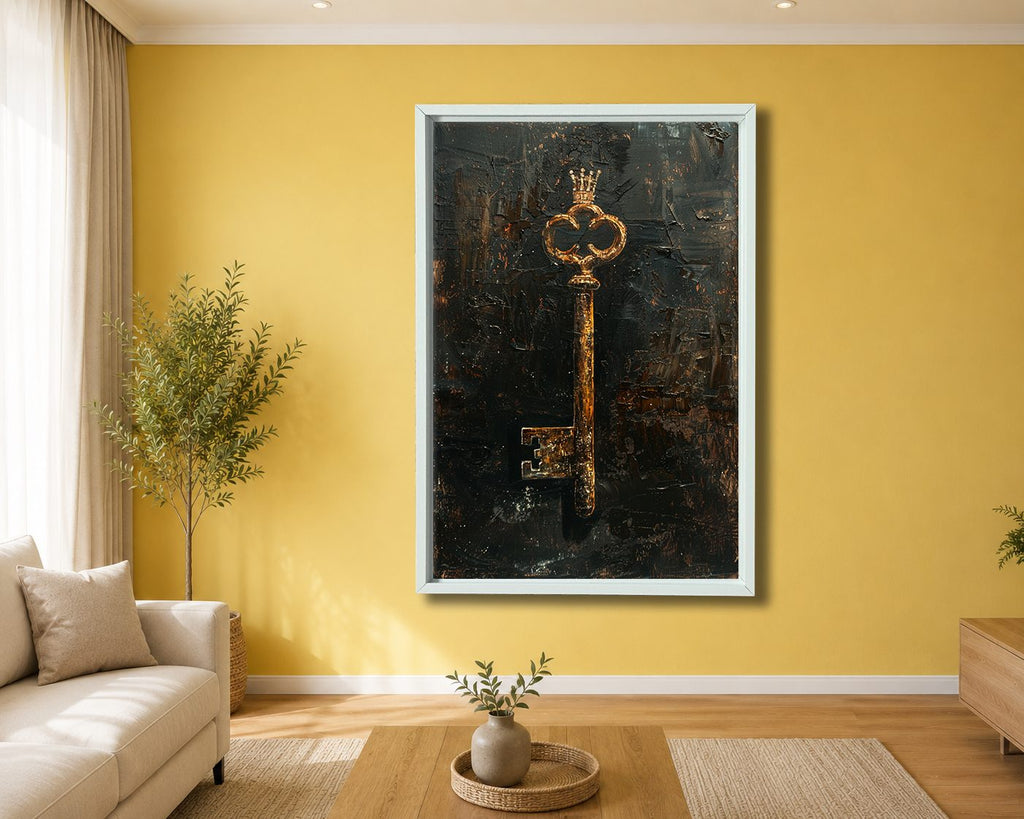 Antique Gold Key on Dark Texture canvas wall art, white floating frame