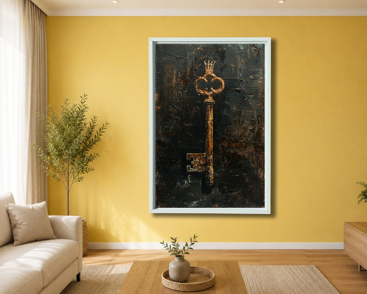 Antique Gold Key on Dark Texture canvas wall art, white floating frame
