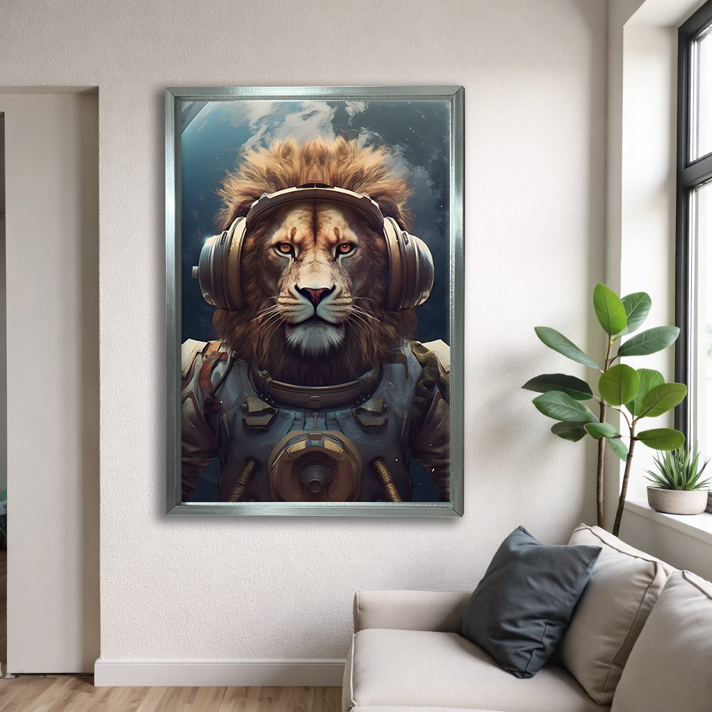Astronaut Lion with Headphones canvas wall art, silver floating frame