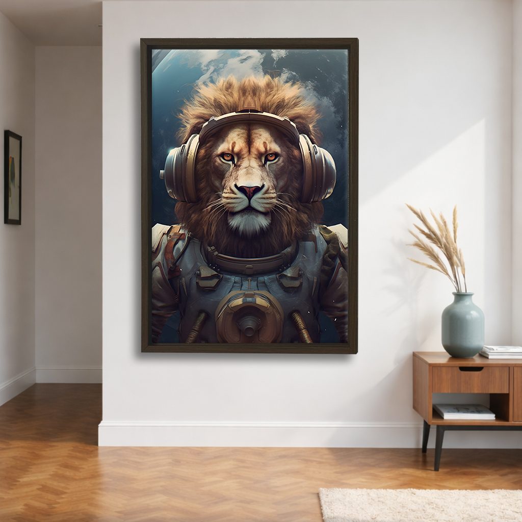 Astronaut Lion with Headphones canvas wall art, walnut floating frame