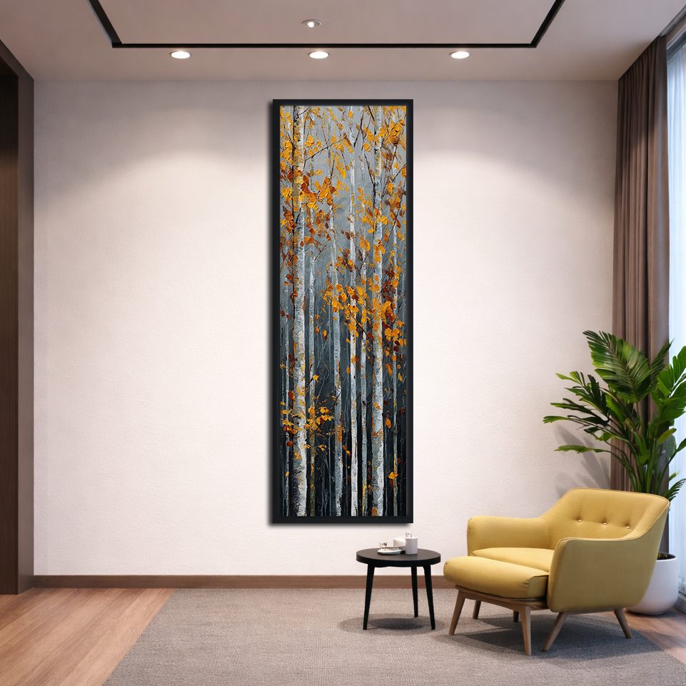 Autumn Birch Forest canvas wall art, black floating frame