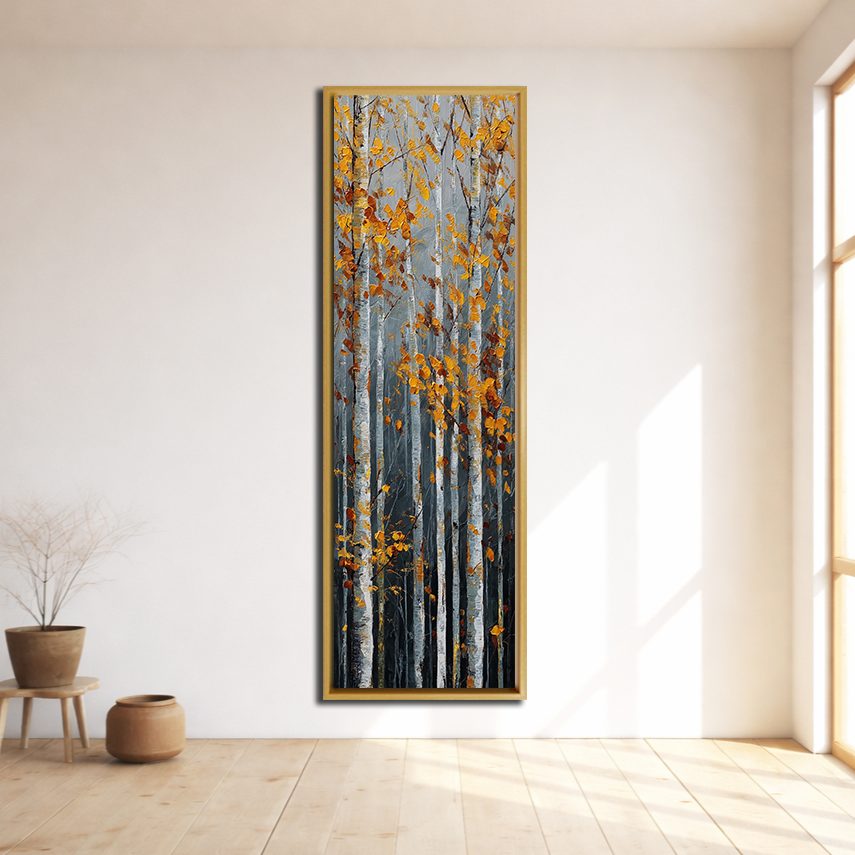 Autumn Birch Forest canvas wall art, natural wood floating frame