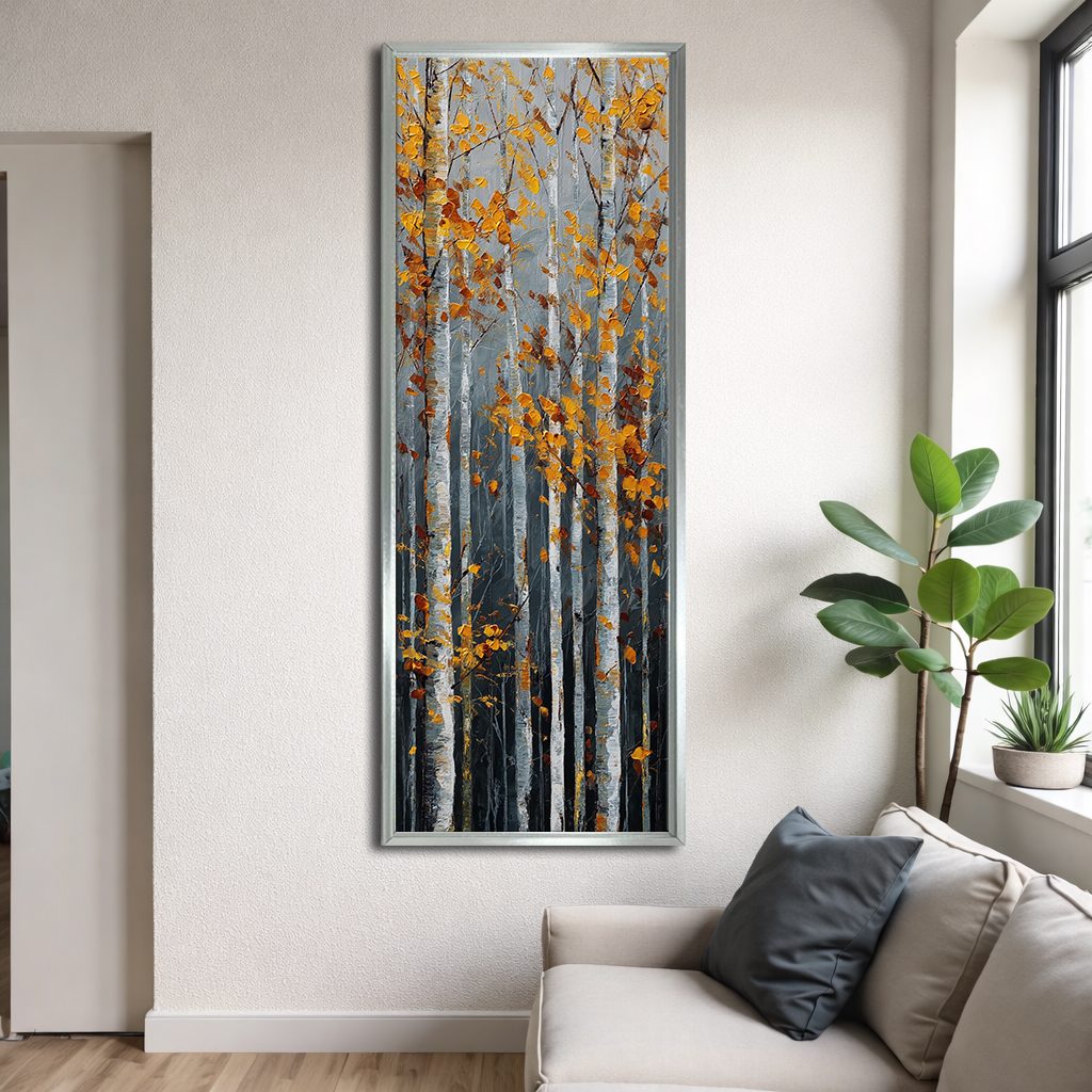 Autumn Birch Forest canvas wall art, silver floating frame