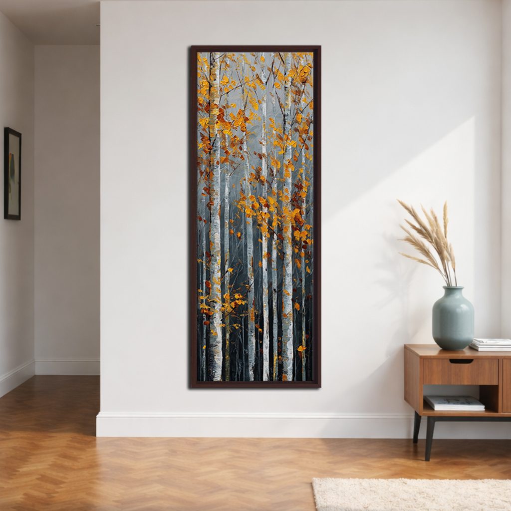 Autumn Birch Forest canvas wall art, walnut floating frame