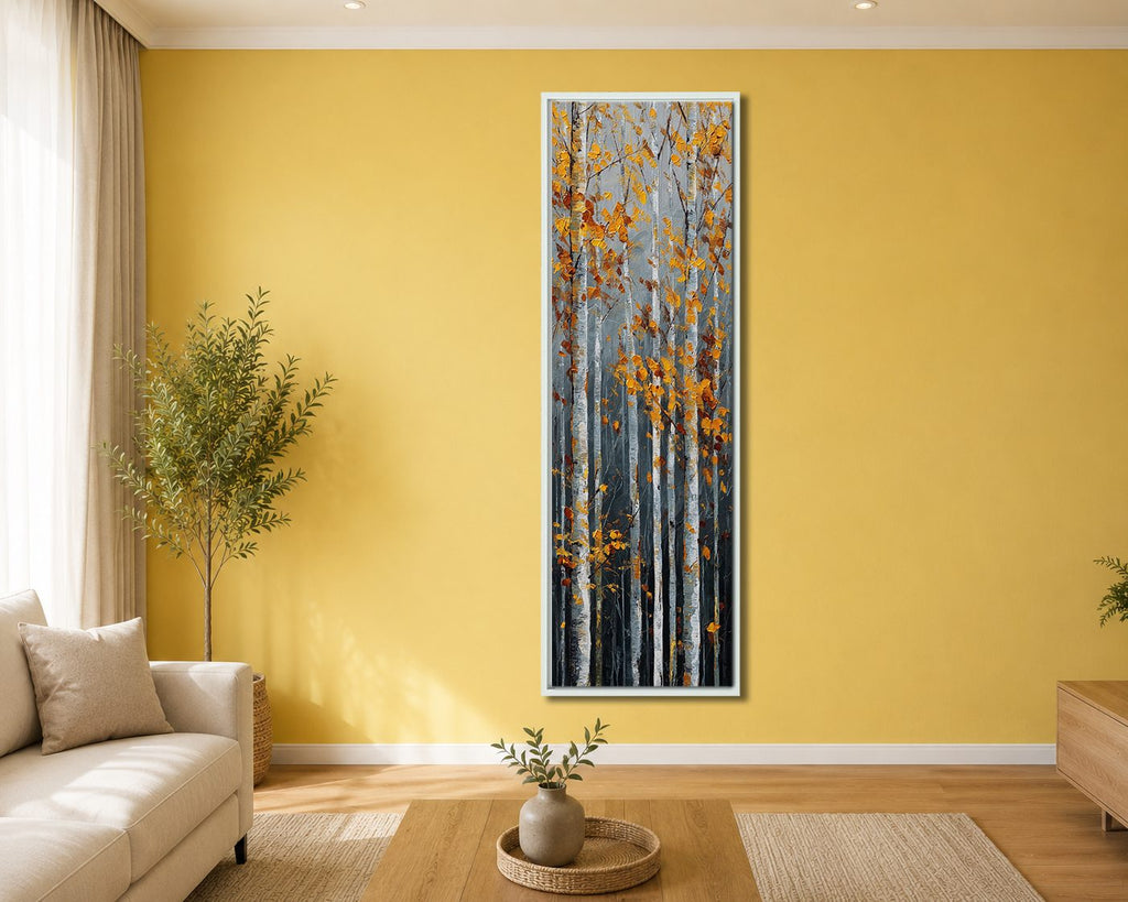 Autumn Birch Forest canvas wall art, white floating frame