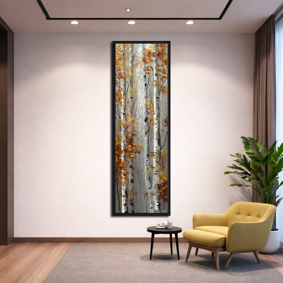 Autumn Birch Trees canvas wall art, black floating frame