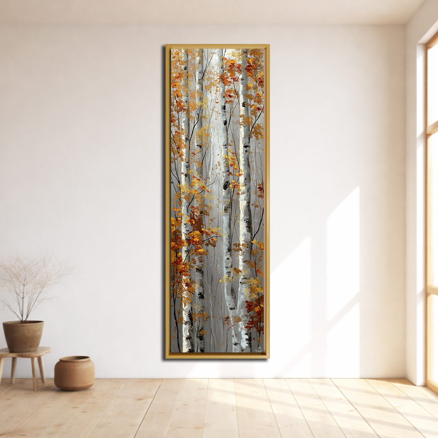Autumn Birch Trees canvas wall art, natural wood floating frame