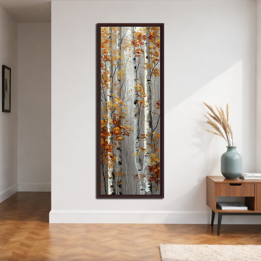 Autumn Birch Trees canvas wall art, walnut floating frame