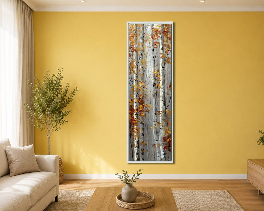 Autumn Birch Trees canvas wall art, white floating frame