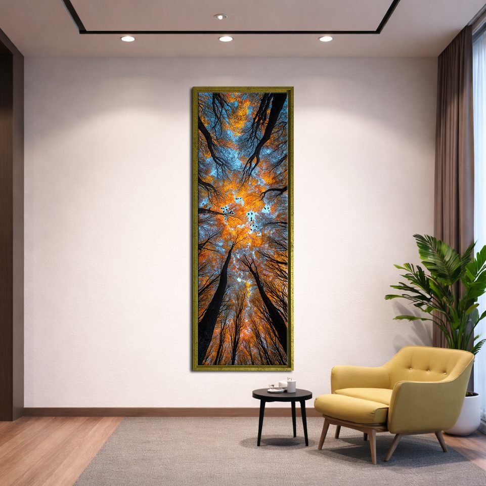 Autumn Forest Canopy from Below canvas wall art, gold floating frame