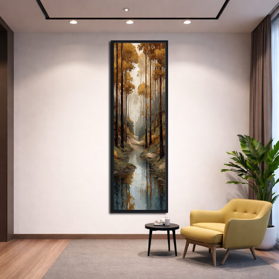 Autumn Forest Creek canvas wall art, black floating frame