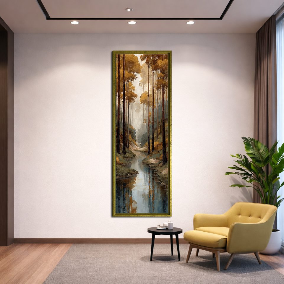 Autumn Forest Creek canvas wall art, gold floating frame