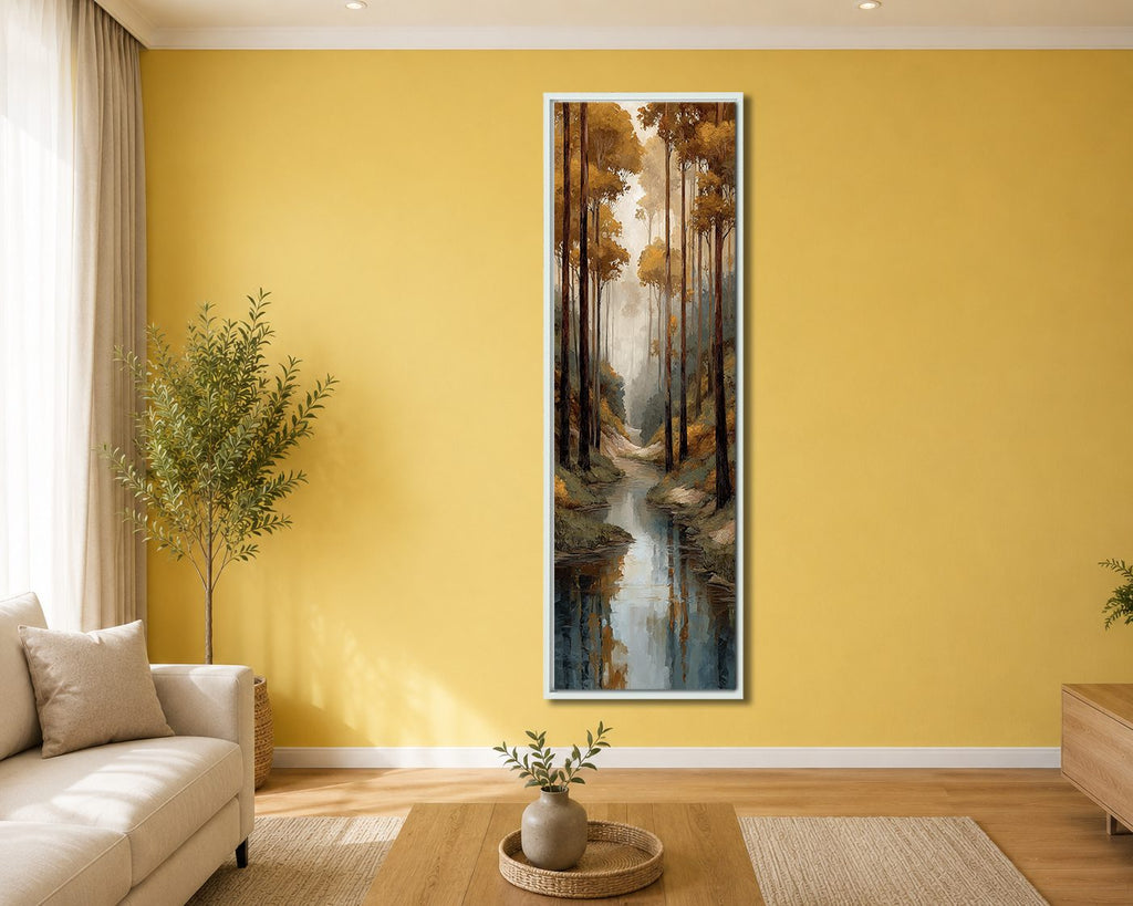 Autumn Forest Creek canvas wall art, white floating frame