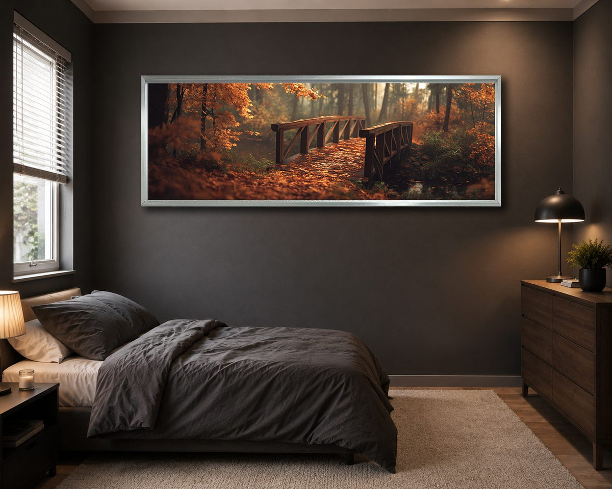 Autumn Forest Wooden Bridge canvas wall art, silver floating frame