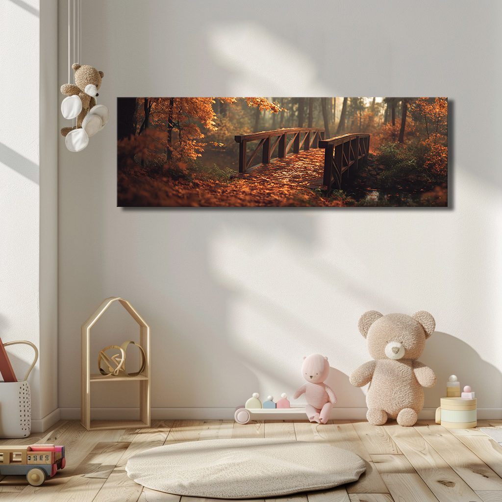 Autumn Forest Wooden Bridge canvas wall art, unframed canvas