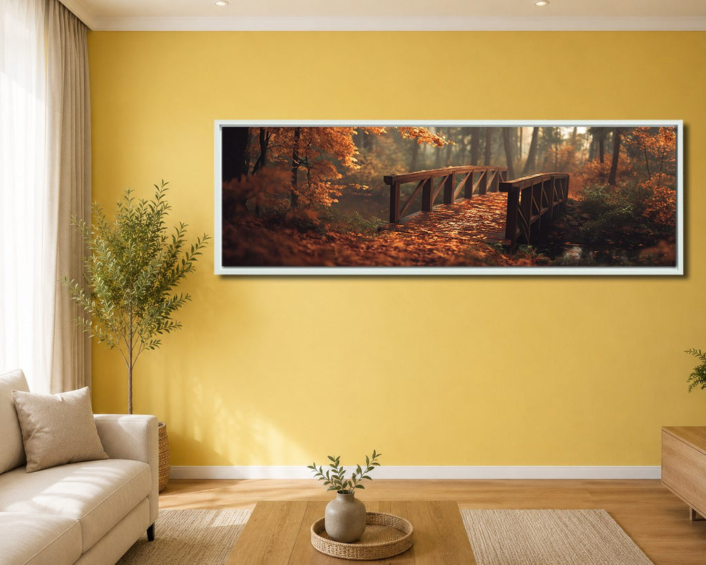 Autumn Forest Wooden Bridge canvas wall art, white floating frame