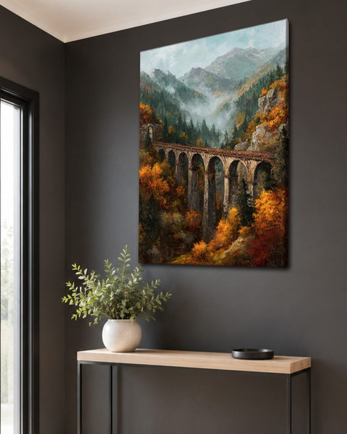 Autumn Mountain Viaduct Bridge canvas wall art, unframed canvas