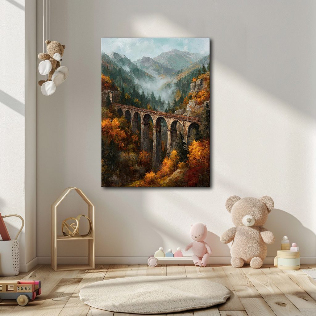 Autumn Mountain Viaduct Bridge canvas wall art, unframed canvas