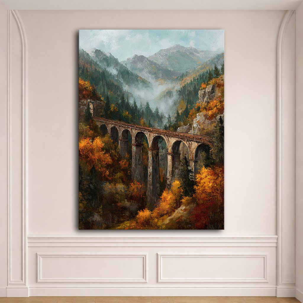 Autumn Mountain Viaduct Bridge canvas wall art, unframed canvas