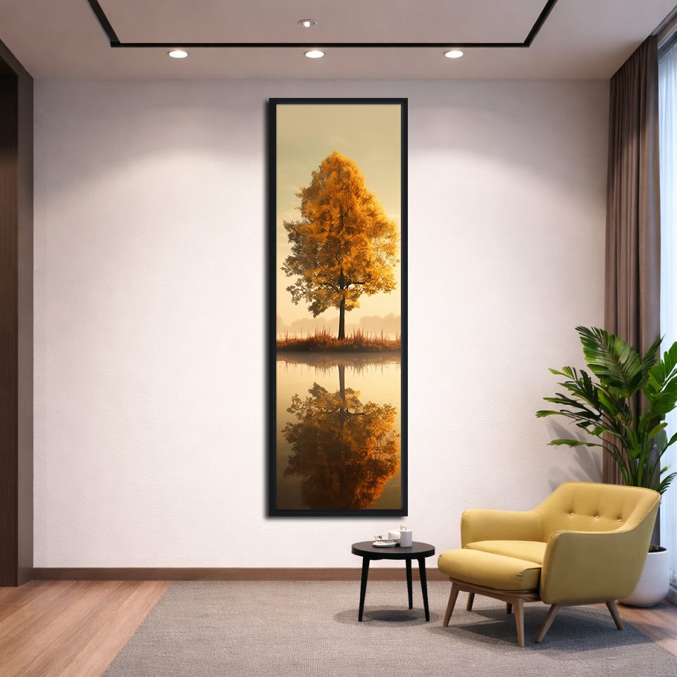 Autumn Tree Lake Reflection canvas wall art, black floating frame